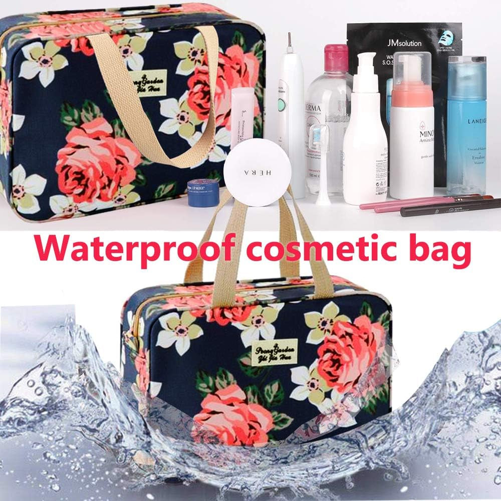 Women's Portable Toiletry Bag - Large Leakproof Cosmetic Organizer in Navy Rose Floral Design