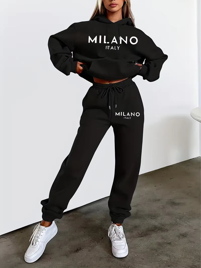 MILANO Letter Printed Women Hoodie Set Street Hip Hop Clothing Casual Female 2Pcs Clothing Plush Sweatshirt Perfect for Outdoor