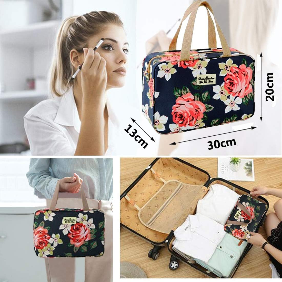 Women's Portable Toiletry Bag - Large Leakproof Cosmetic Organizer in Navy Rose Floral Design