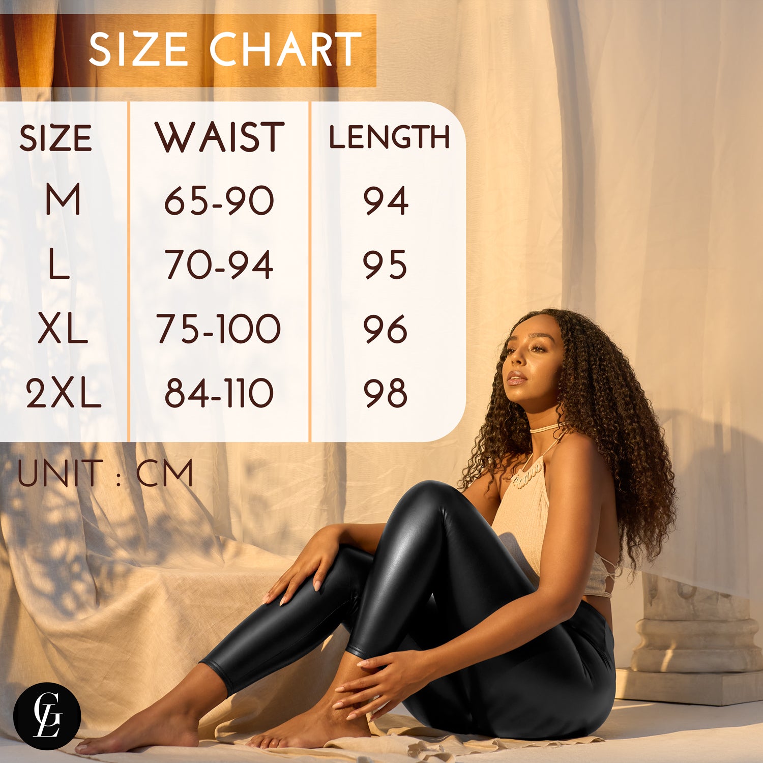 Gaia Luxury Women's Faux Leather Leggings Size Chart - High Waist Wet Look Trousers in Black with Shaping Waistband | Model wearing leggings