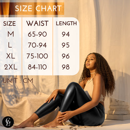 Gaia Luxury Women's Faux Leather Leggings Size Chart - High Waist Wet Look Trousers in Black with Shaping Waistband | Model wearing leggings