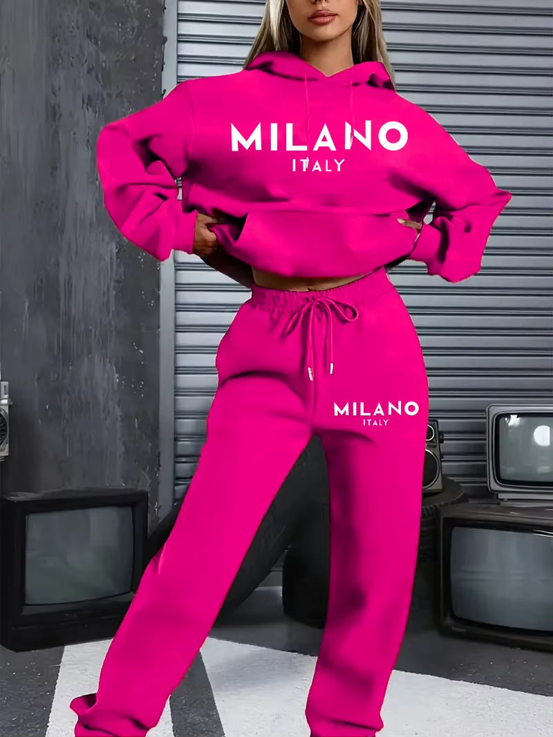 MILANO Letter Printed Women Hoodie Set Street Hip Hop Clothing Casual Female 2Pcs Clothing Plush Sweatshirt Perfect for Outdoor