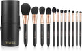 Professional 12-Piece Makeup Brush Set with Pearl Finish Handles, Ergonomic Design, and Travel Case