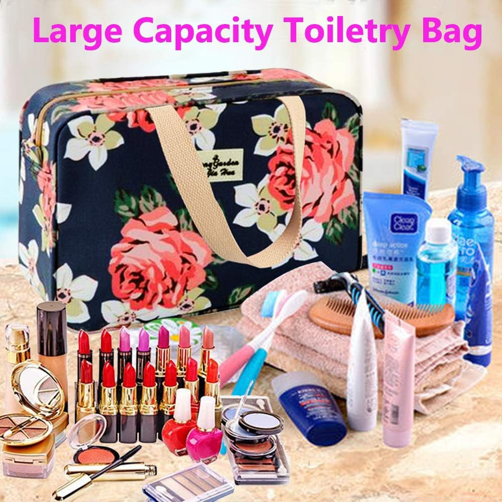 Women's Portable Toiletry Bag - Large Leakproof Cosmetic Organizer in Navy Rose Floral Design