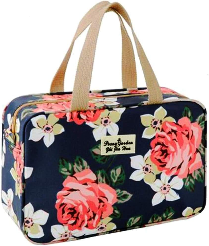 Women's Portable Toiletry Bag - Large Leakproof Cosmetic Organizer in Navy Rose Floral Design