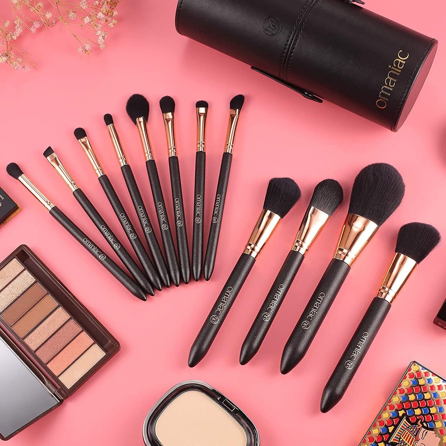 Professional 12-Piece Makeup Brush Set with Pearl Finish Handles, Ergonomic Design, and Travel Case