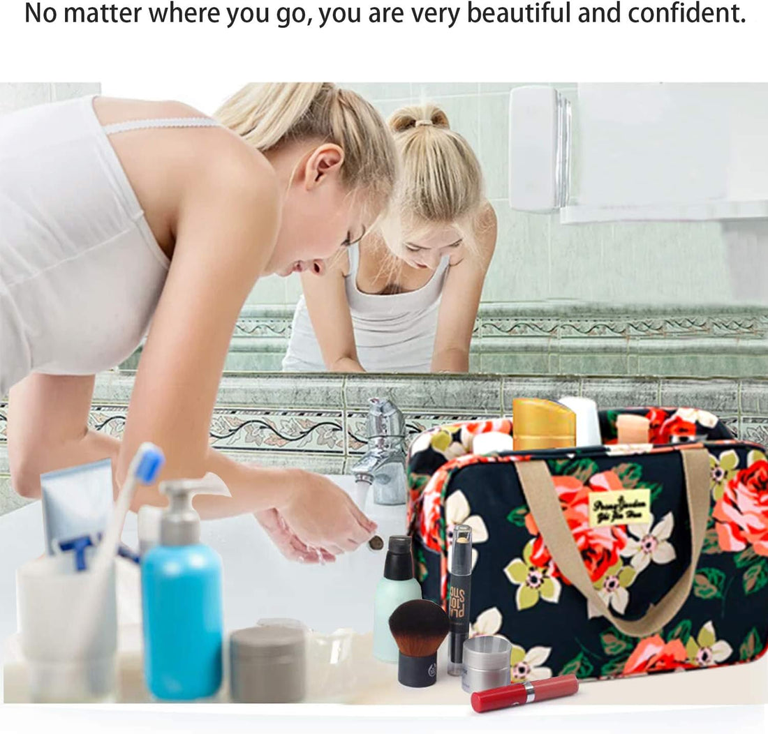 Women's Portable Toiletry Bag - Large Leakproof Cosmetic Organizer in Navy Rose Floral Design