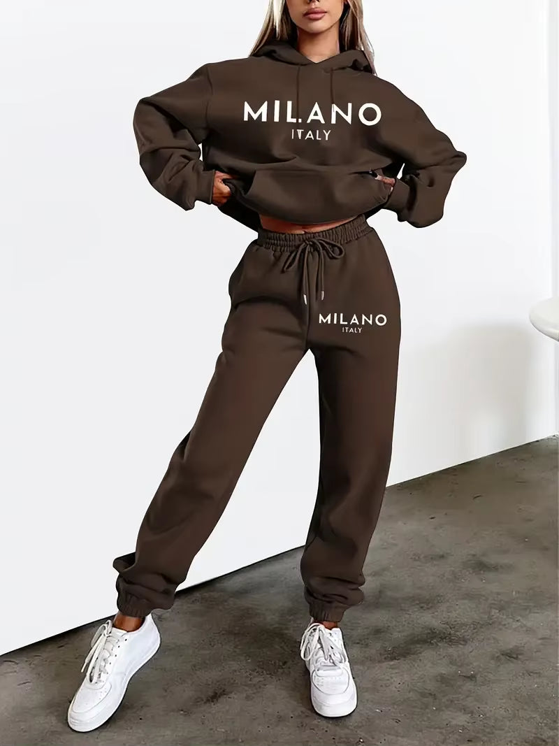MILANO Letter Printed Women Hoodie Set Street Hip Hop Clothing Casual Female 2Pcs Clothing Plush Sweatshirt Perfect for Outdoor