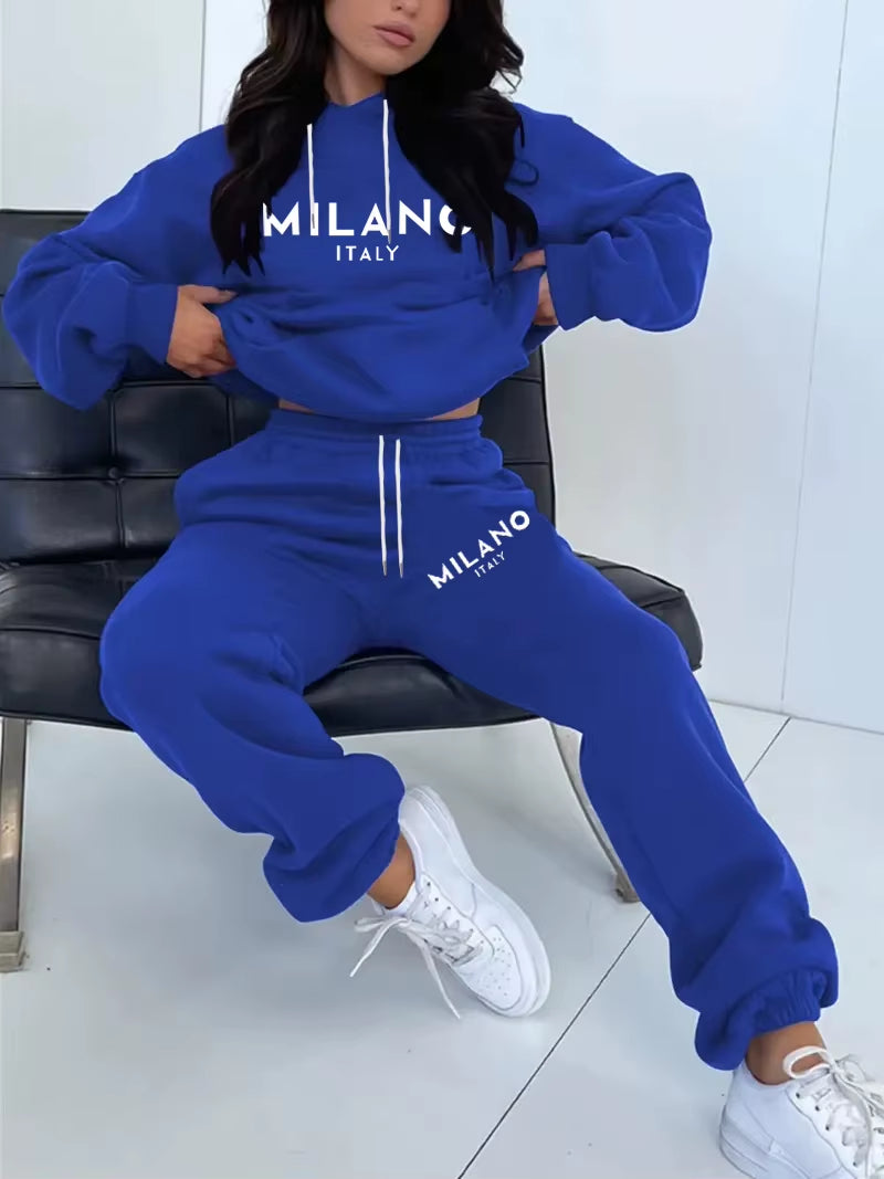 MILANO Letter Printed Women Hoodie Set Street Hip Hop Clothing Casual Female 2Pcs Clothing Plush Sweatshirt Perfect for Outdoor